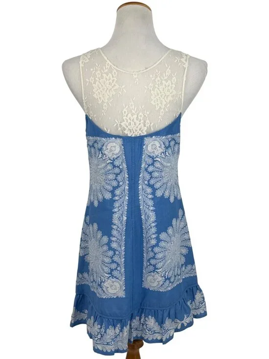 VTG Free People Crystallized Linen Crochet Lace Yoke Paisley Mini Shift Dress 10 - Picture 8 of 16